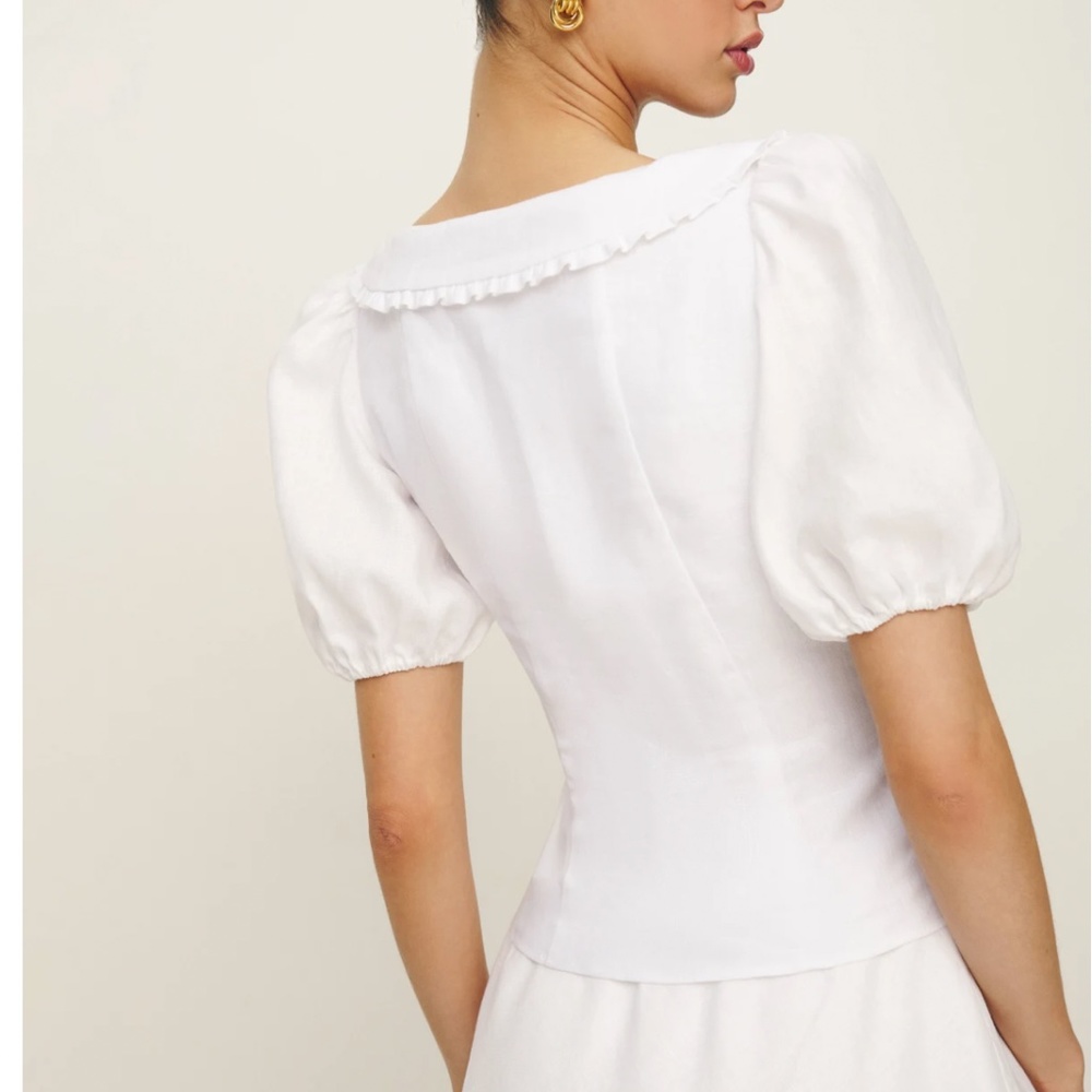 Reformation Greta Linen Top - White Puff Sleeve Bow - Picture 3 of 9